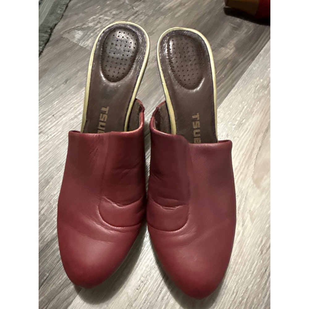 Tsubo Red Leather Mule Block Heels Almond Toe Slip On Shoes 1006858-SAGR Size 8